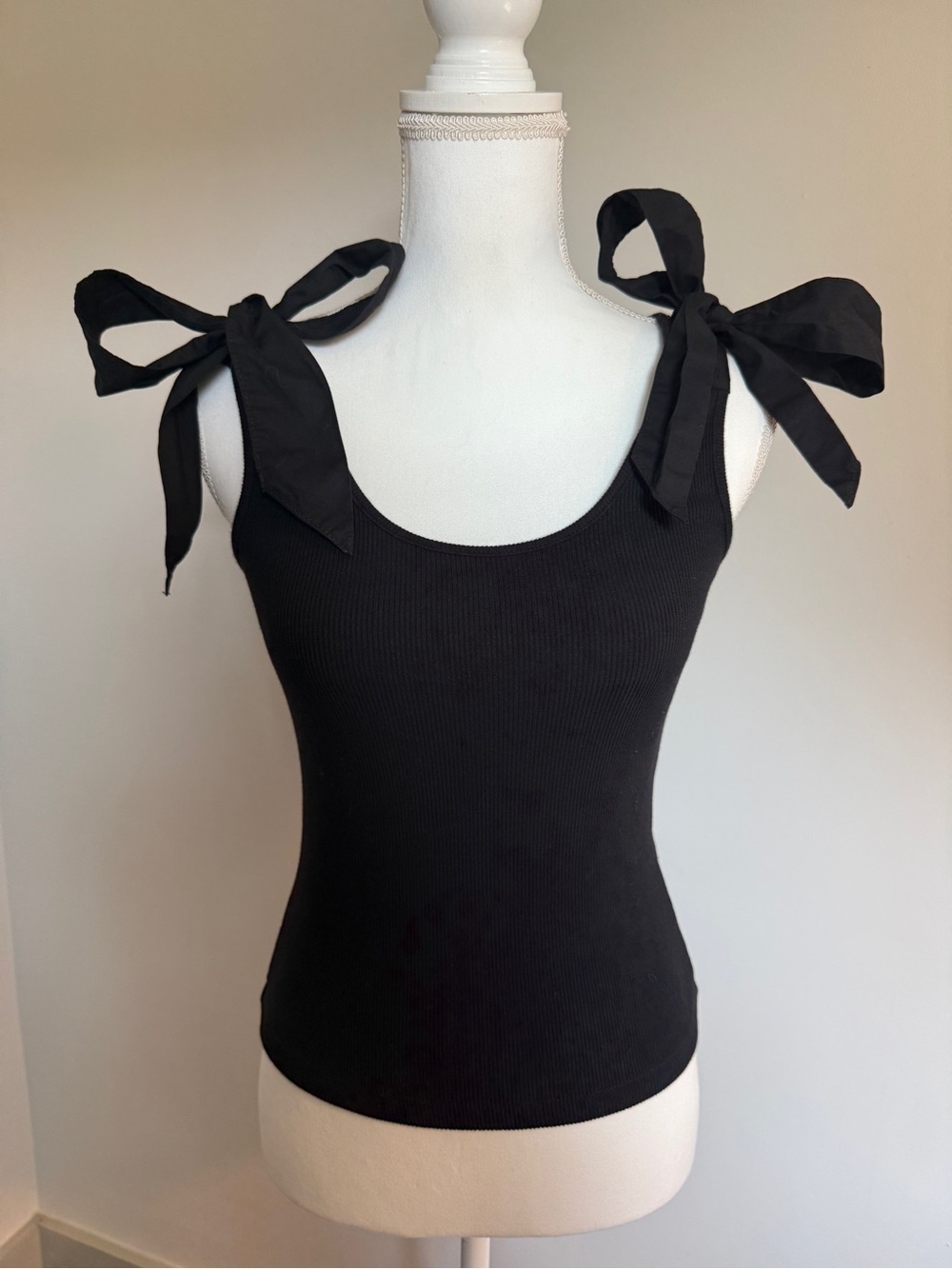 French Connection Black Bow Shoulder Ribbed Tank Top